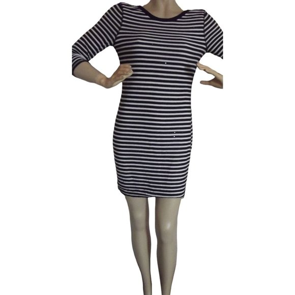 Express Medium Black White Striped Sequin Shift Scoop Back Sweater Dress (M 8-10 - Picture 2 of 9